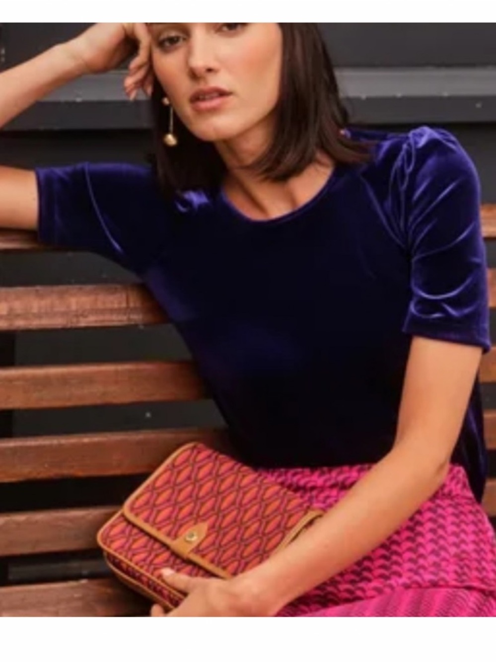 Boden Velvet Puff Shoulder T-Shirt Top Blouse in Sapphire Blue